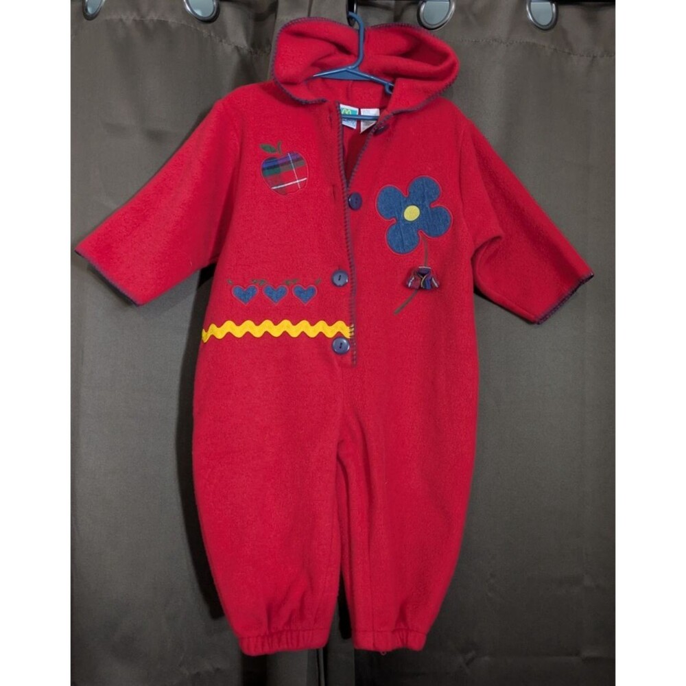 Vtg McBaby Jumpsuit One Piece Hooded Buttons Toddler Red Sz 18 Months